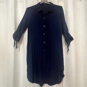 Mlle Gabrielle Women's Navy‎ Blue Button Down Dress Shirt Dress Tie Sleeve Sz PM